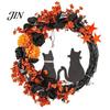 Spooky Cat And Moon Garland Halloween Floral Garland, with String Lights, Black Silhouette Maple Leaf Wreath, for Front Door Indoor Outdoor Wall Decor