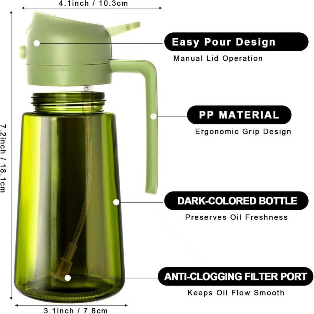 Olive Oil Dispenser,Sprayer for Cooking 2 in 1- Spray and Pour,Dark Green Glass Oil Bottlewith Stickers,16oz/470ml Oil Sprayer 6