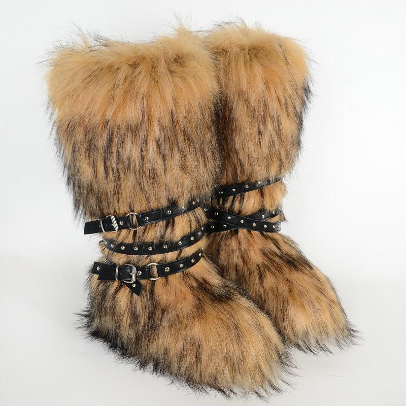 Damen Winterimitat Fuchsfell Stiefel Gürtel Punk Europäisch und Amerikanisch hoher Schaft 40 langer Schaft Schneestiefel Schuhe