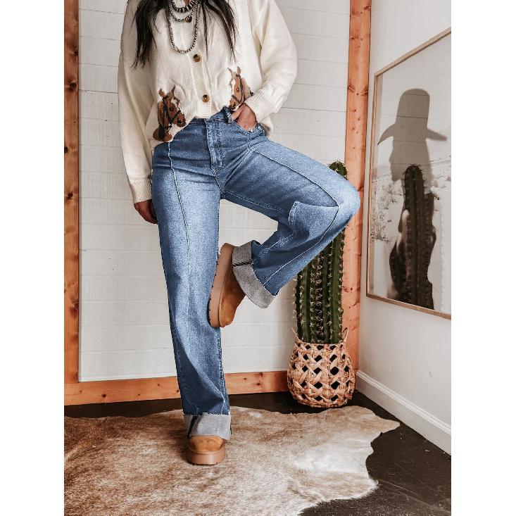 

2026 New Vintage Style Women s Wide-Leg Jeans with Cuffed Hem and Center Seam Design, High-Waisted Slimming Straight-Leg Jeans XXL світло-синій колір