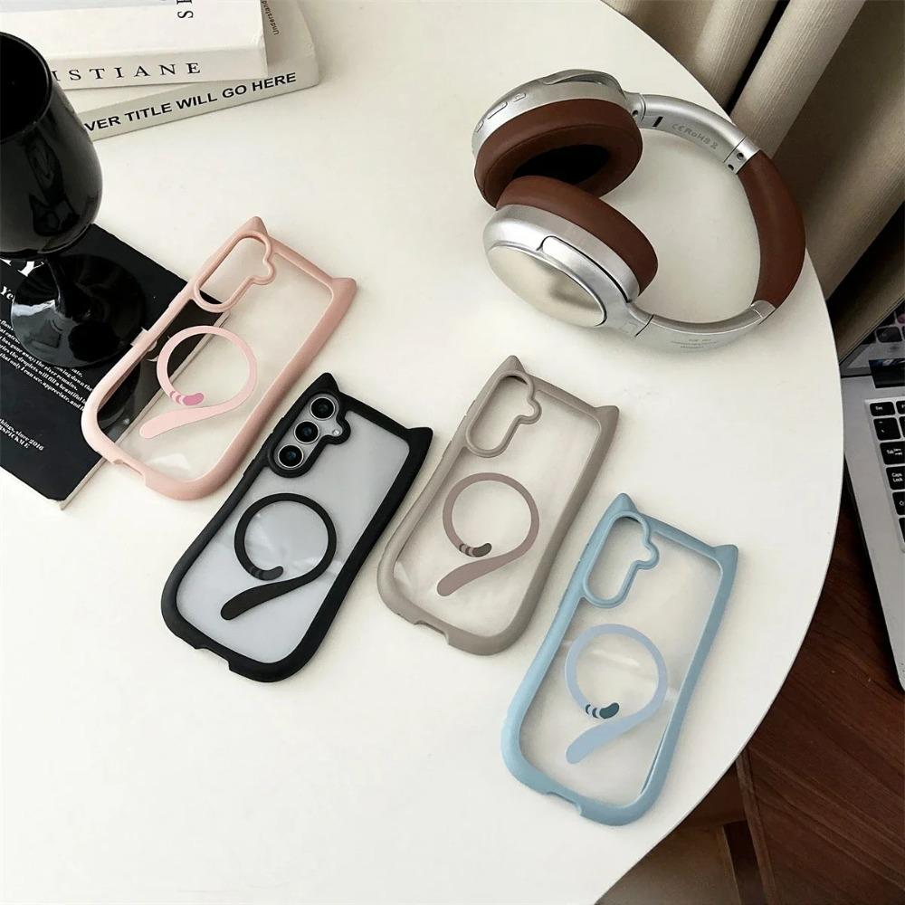 Süßes Katzenohr für Magsafe Hülle Für Samsung Galaxy S25 S24 S23 Ultra Plus Transparente PC TPU Magnetische Abdeckung Kabelloses Ladegehäuse