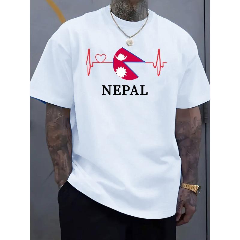 Maglietta con Design Battito Cardiaco Bandiera del Nepal, Girocollo Manica Corta Estiva Casual e Sportiva, Lavabile in Lavatrice Abbigliamento Orgoglio Nepalese per Attività all'Aperto