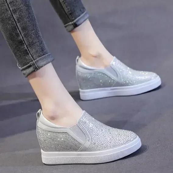 Fashion High quality 7CM Platform Wedge Sneakers Shoes Genuine Leather Bling Slip on Spring Autumn Women Fashion Sneakers Casual shoes