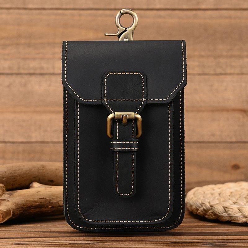European and American Men's Genuine Leather Waist Bag, Crazy Horse Leather Men's Wear Belt Hanging Bag, Genuine Leather Phone Bag 2087
