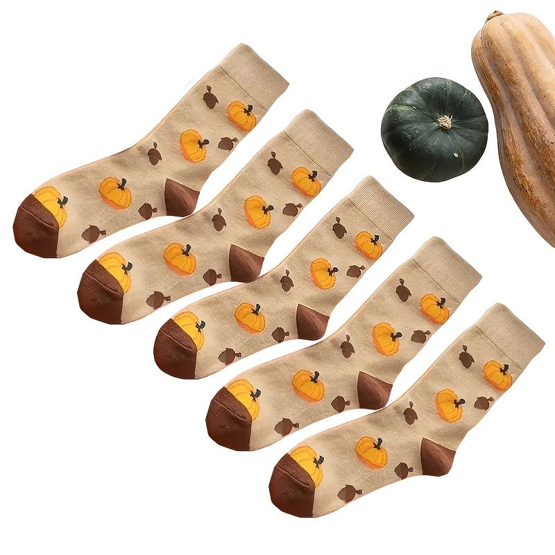 Autumn-Inspired 5 Pairs of Knee-Length Socks with Cartoon Squirrels and Pumpkins Design, Comfortable Fit Polyester Blend with Stretch