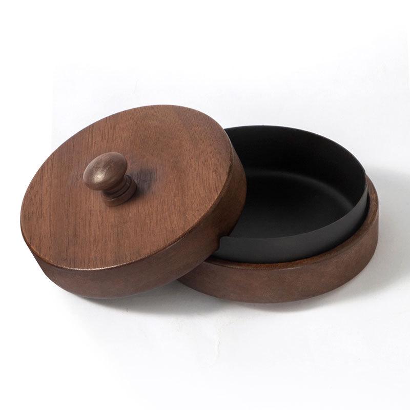 Gold-Stainless Steel Ashtray with Lid, Solid Wood Base – Anti-Ash Design for Home and Office, Ideal Gift.