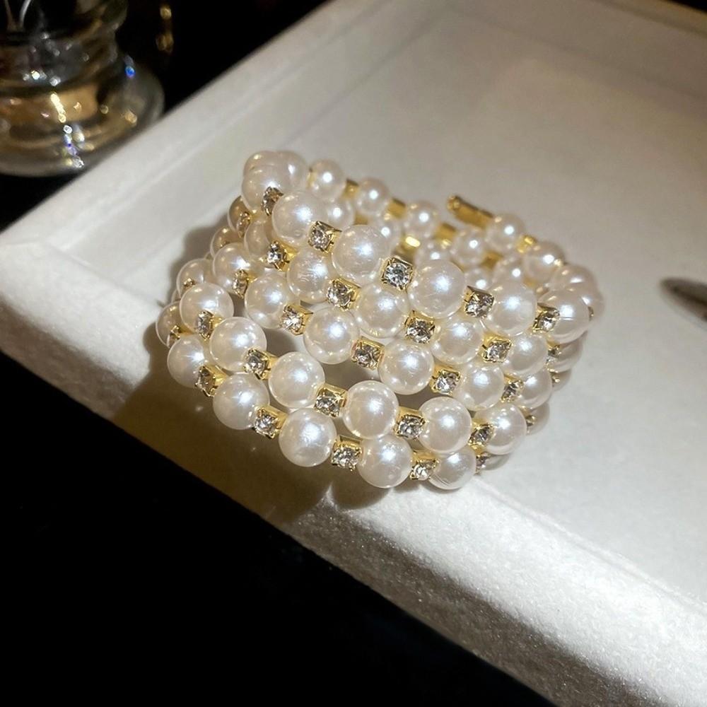 Luxury Multi layer Rhinestones Bangles Fashion Stretchable Pearl Cuff Bridal