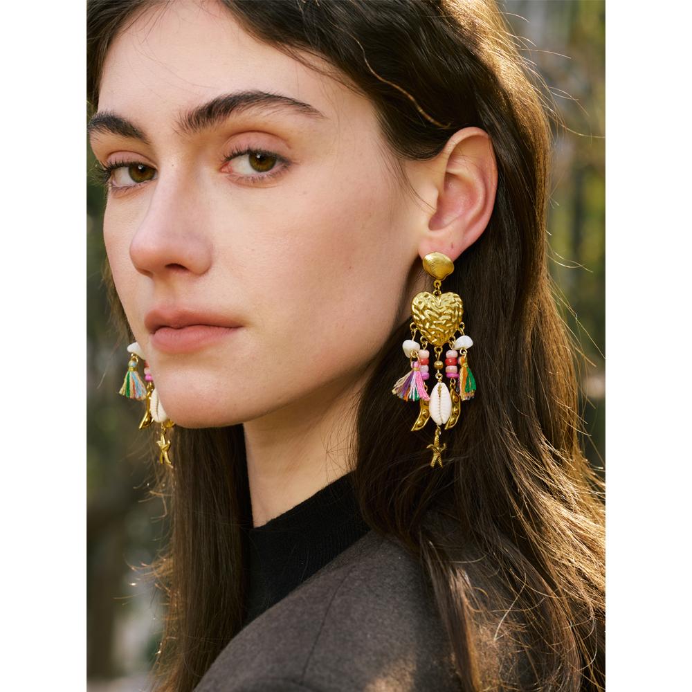 Yhpup Exquisite Metal Heart Seashell Starfish Tassel Dangle Handmade Earrings Gold Color Stainless Steel Arrivals Jewelry Gift