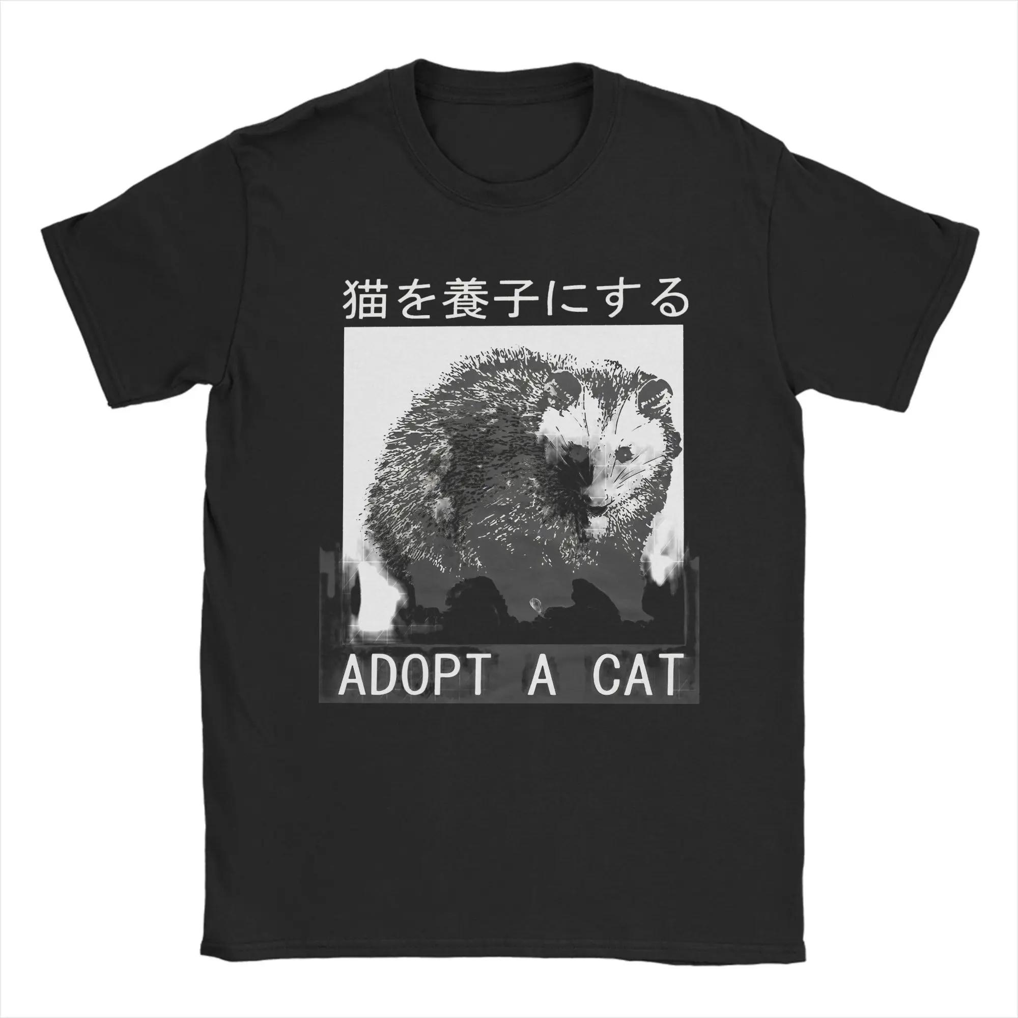 

Приюти кота-опоссума Японская графическая футболка Харадзюку Футболки Короткий рукав Эстетичная футболка Летний хлопок Круглый вырез Топ Футболки XXXL чёрный