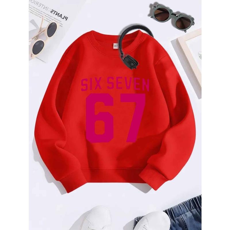 Unisex Kids Pink Crewneck Sweatshirt For 4-12 Girls Bold Magenta SIX SEVEN Large Number 67 Varsity Font Print Soft Fleece Long Sleeve Pullover