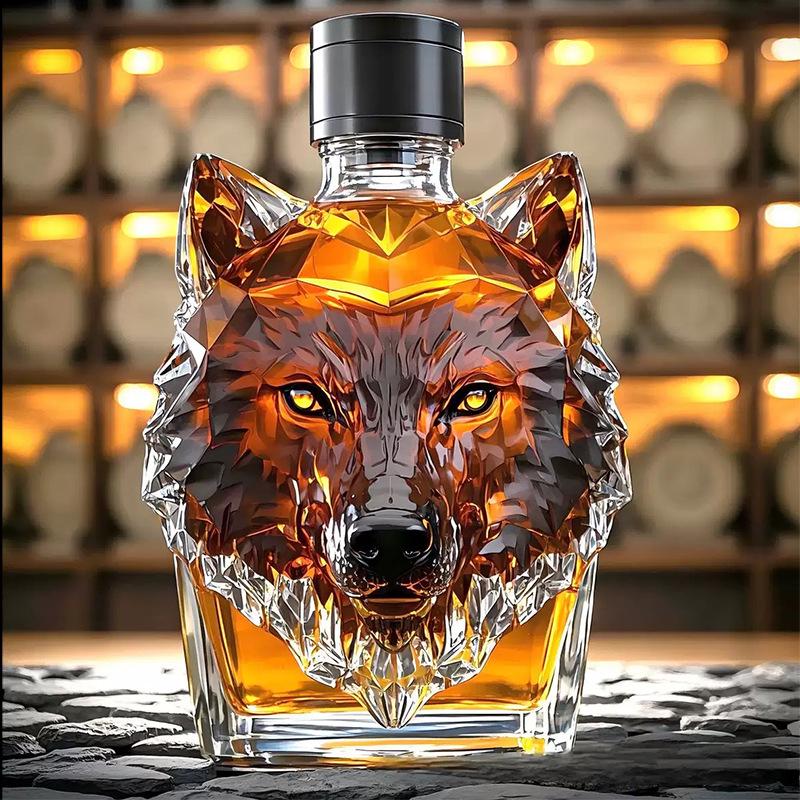 Bottiglia di Whiskey con Cresta di Lupo e Design con Testa Coronata