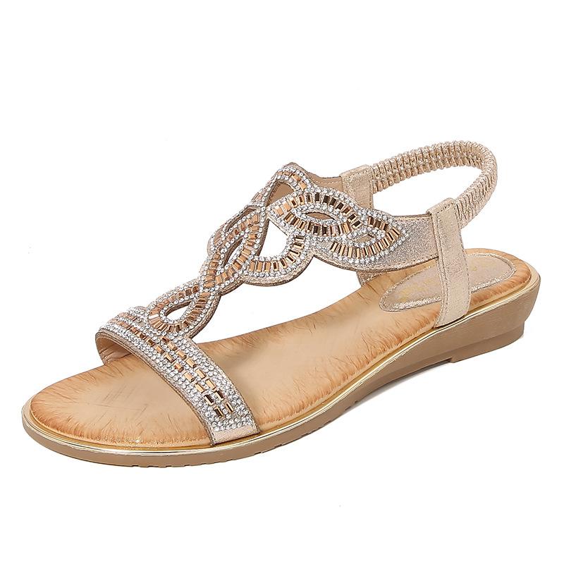 New Bohemian Ethnic Style Rhinestone Sandals Flat Open-Toe Versatile Beach Shoes Plus Size