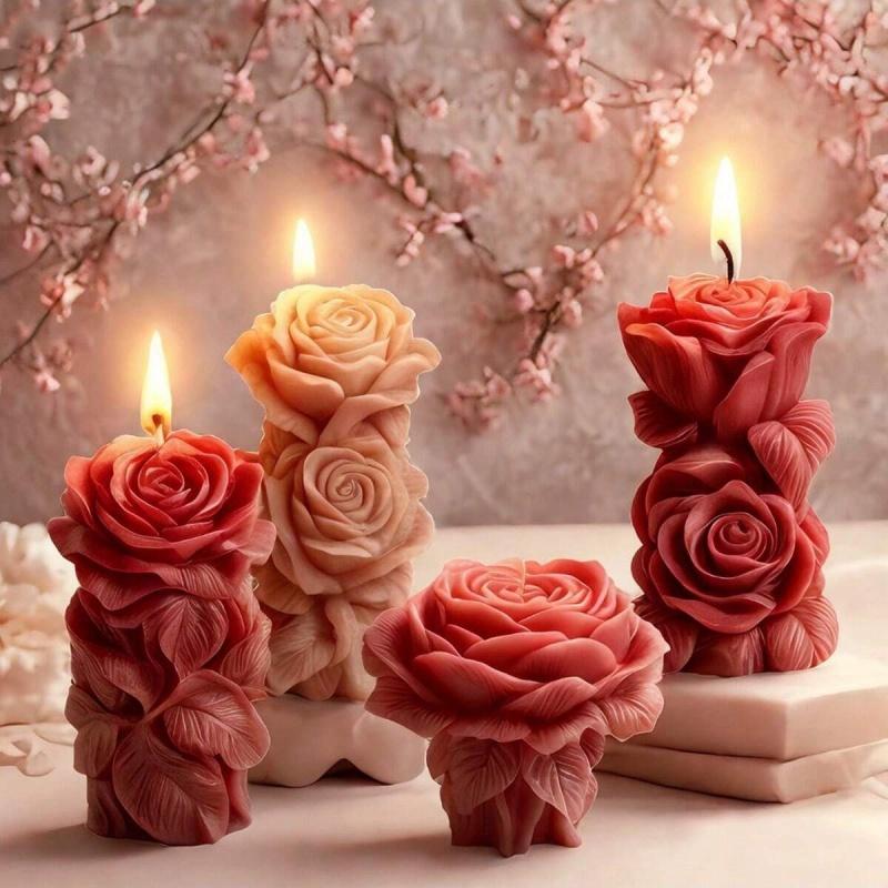 DIY Rose Pillar Candle Silicone Mold 3D Geometric Flower Column Scented Candle Plaster Ornament Mold Handmade Gift Wedding Decor