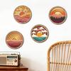 Retro Sunset Landscape Wall Art 4Pcs Boho Art, Abstract Round Hanging Ornaments, Modern Home Decor for Cafe Wooden Living Room Bedroom Hallway Office