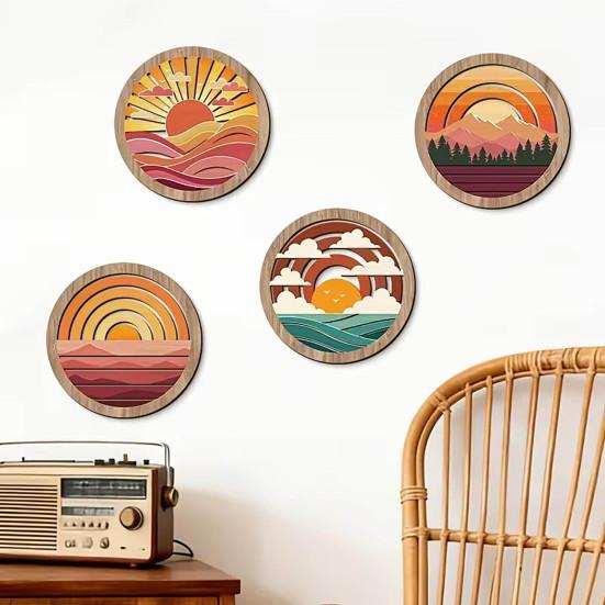 Retro Sunset Landscape Wall Art 4Pcs Boho Art, Abstract Round Hanging Ornaments, Modern Home Decor for Cafe Wooden Living Room Bedroom Hallway Office