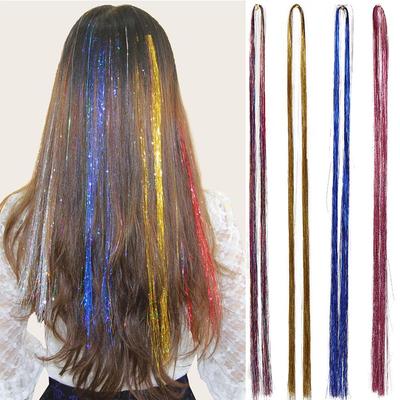 Funkelnde synthetische Haarverlängerung, holografischer Glitzer, bunte Laser-Seiden-Party-Haarverlängerungen, goldene Seide, Bing-Haar
