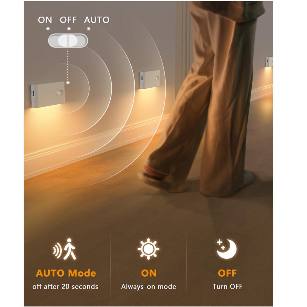 WILLED Night Light with Motion Alarm, 4 Pieces Rechargeable Stair Lighting with Motion Alarm, LED Night Light Children with 3 Modes (Auto/ON/OFF),