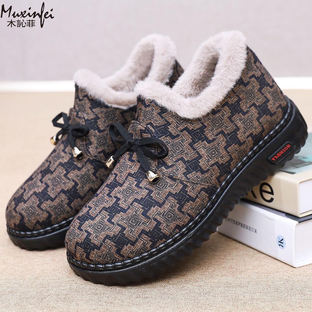 Neue Damen Baumwollschuhe mit Winterwärme und kariertem Fleece-Stoffschuhe Anti-Rutsch Dicke Baumwollschuhe Damenstiefel