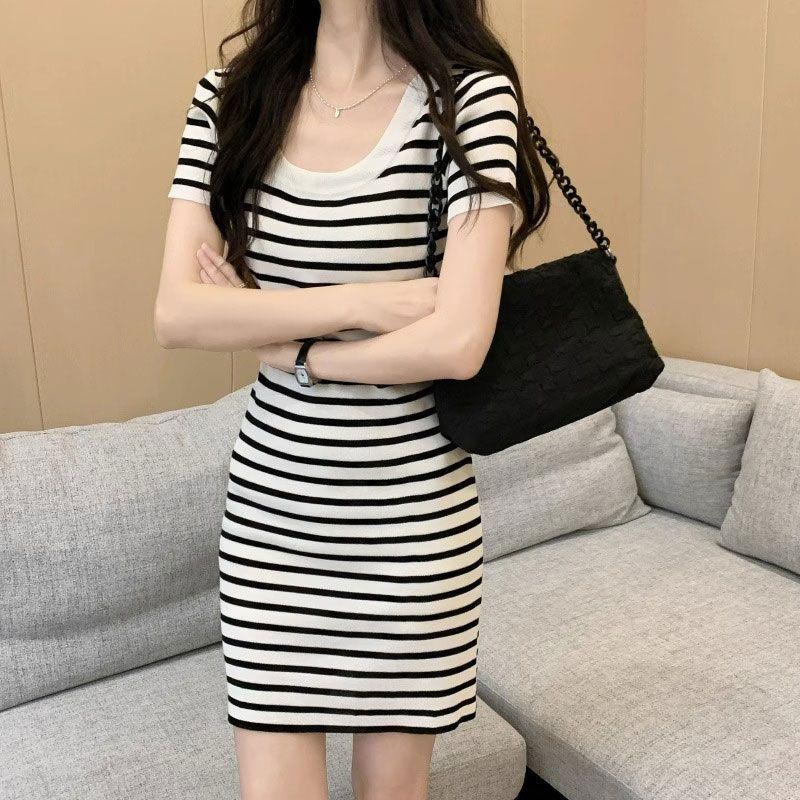 Women's French Retro Stripe Square Neck T-shirt Dress - Summer Slimming Bodycon