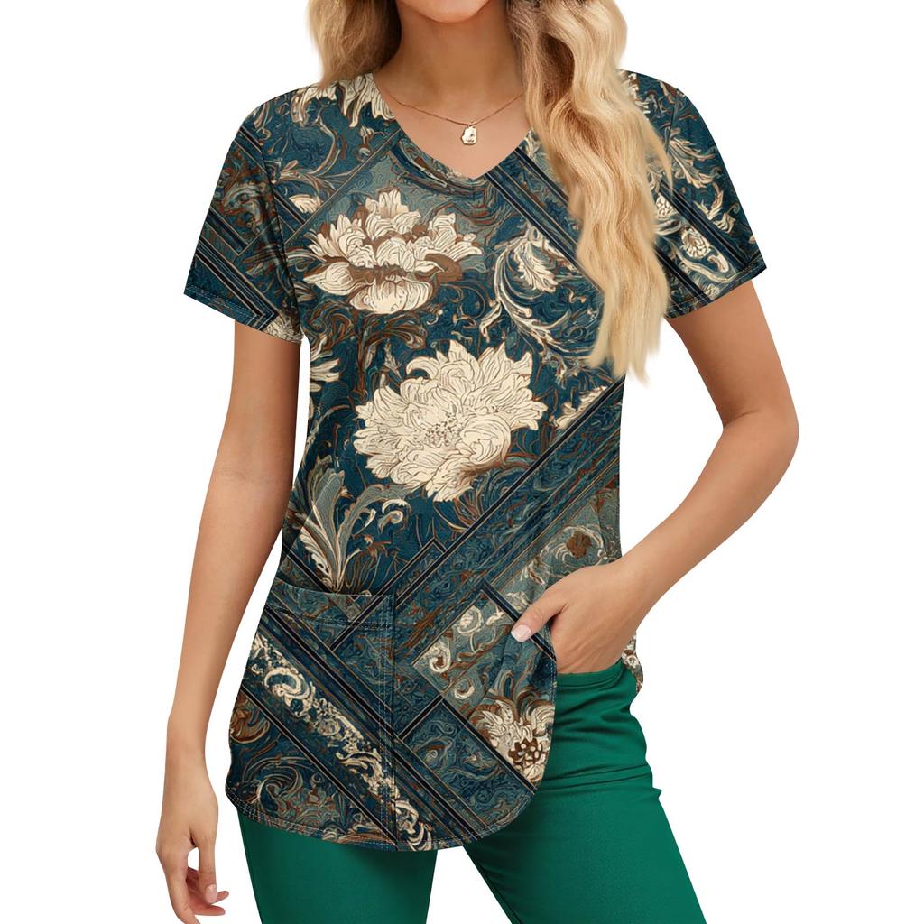 Pracovní uniforma s potiskem nadměrných velikostí pro ženy Potisk s výstřihem do V Krátký rukáv Zábavná trička Pracovní oblečení Tričko s kapsami