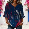 Womens Plus Size Geometric Print V Round Neck Mid Sleeve Button Decor Loose Casual Blouse Top