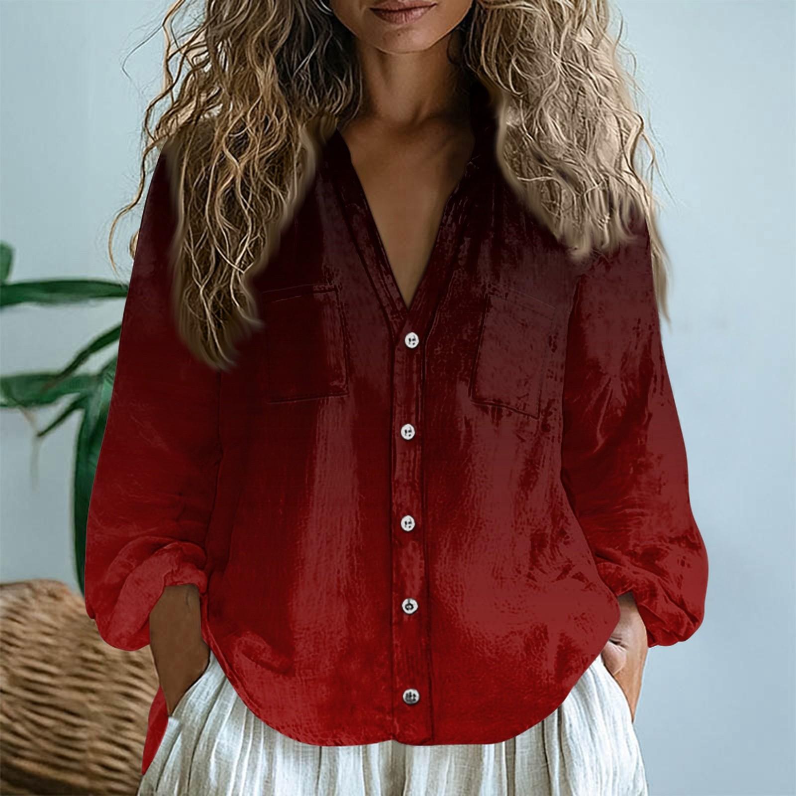 

Жіночі бавовняні лляні топи з довгими рукавами, сорочки з вільним V-подібним вирізом, бохо-футболки, вінтажні блузки L винний