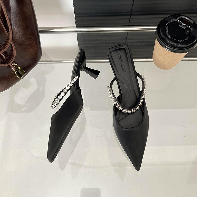 

Fashion New Style Fashion High Heel Sandals Pointed Toe Stiletto Black Sexy Ladies Sandals Rhinestone Sequins Big Size Slippers 35