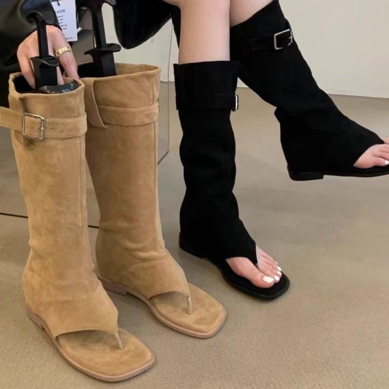 Fashion New Popular Women Sexy Black Suede Ruffled Boots Women Summer Clip Toe Flat Gladiator Sandals Woman Western Cowboy Boots Sandals