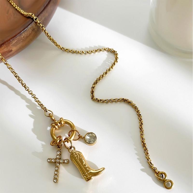Stylish Symbol and Boot Pendant Necklace Stainless Steel with Glittering Stones Chain Necklace Suitable for Fashion Lady