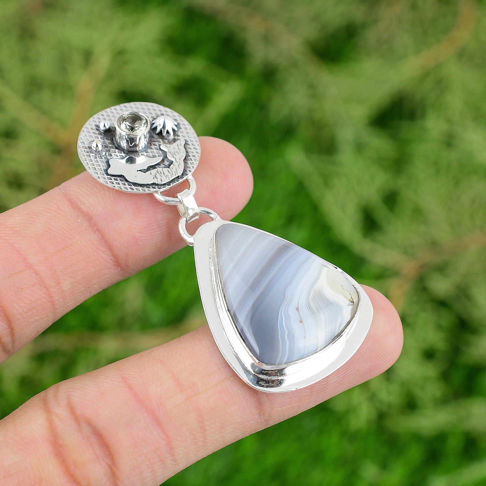 

925 Sterling Silver Natural Botswana Agate Green Amethyst Ethnic Pendant Jewelry