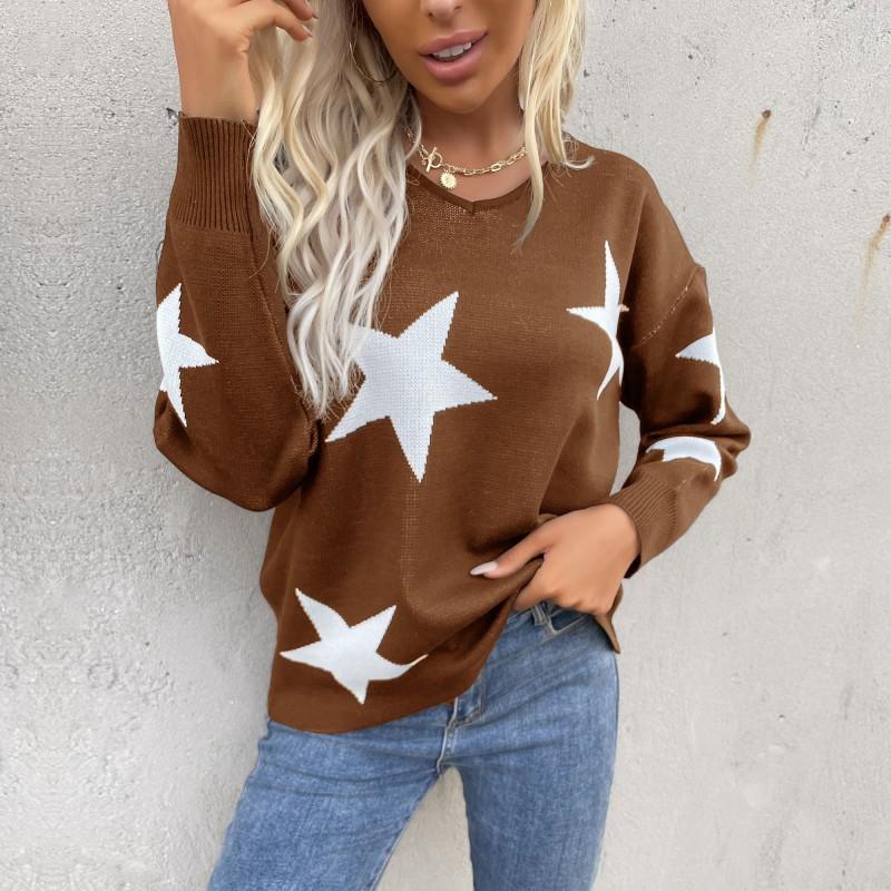 Womens Fit Star Print Round Neck Long Sleeve Knit Top - Acrylic Blend Casual Daily Wear