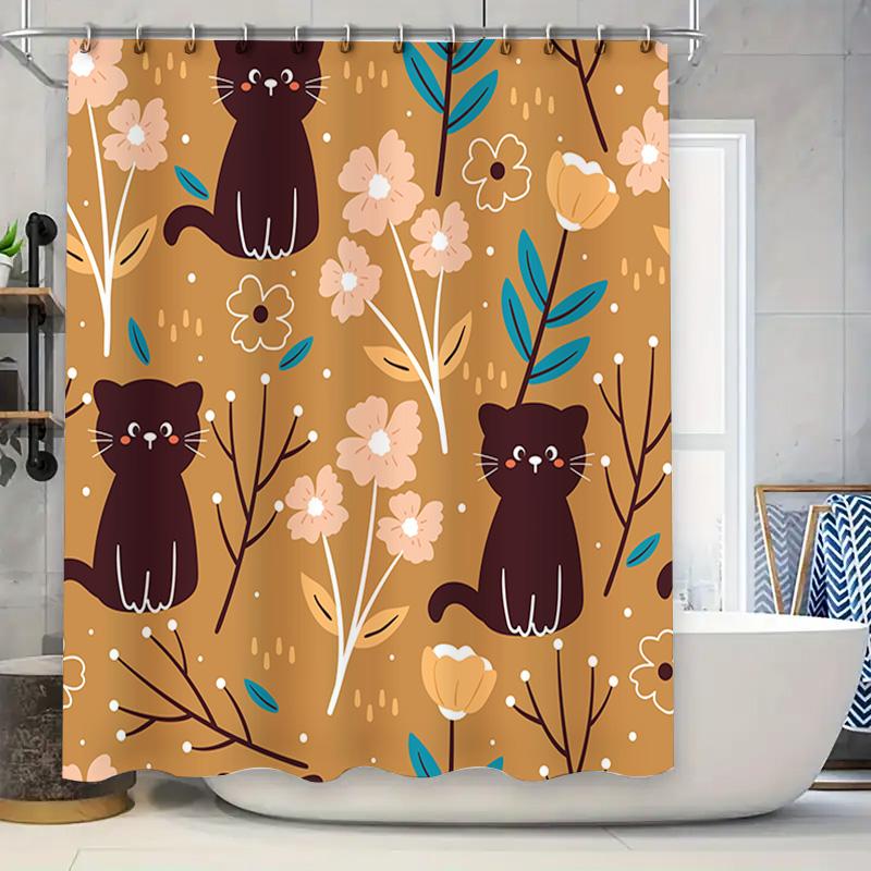 

Adorable Black Cat Flower Shower Curtain Modern Style Bathroom Decor For Kids Room Or Hotel Waterproof Anti-Static Fabric Cover W60H190(CM)-1 Pcs