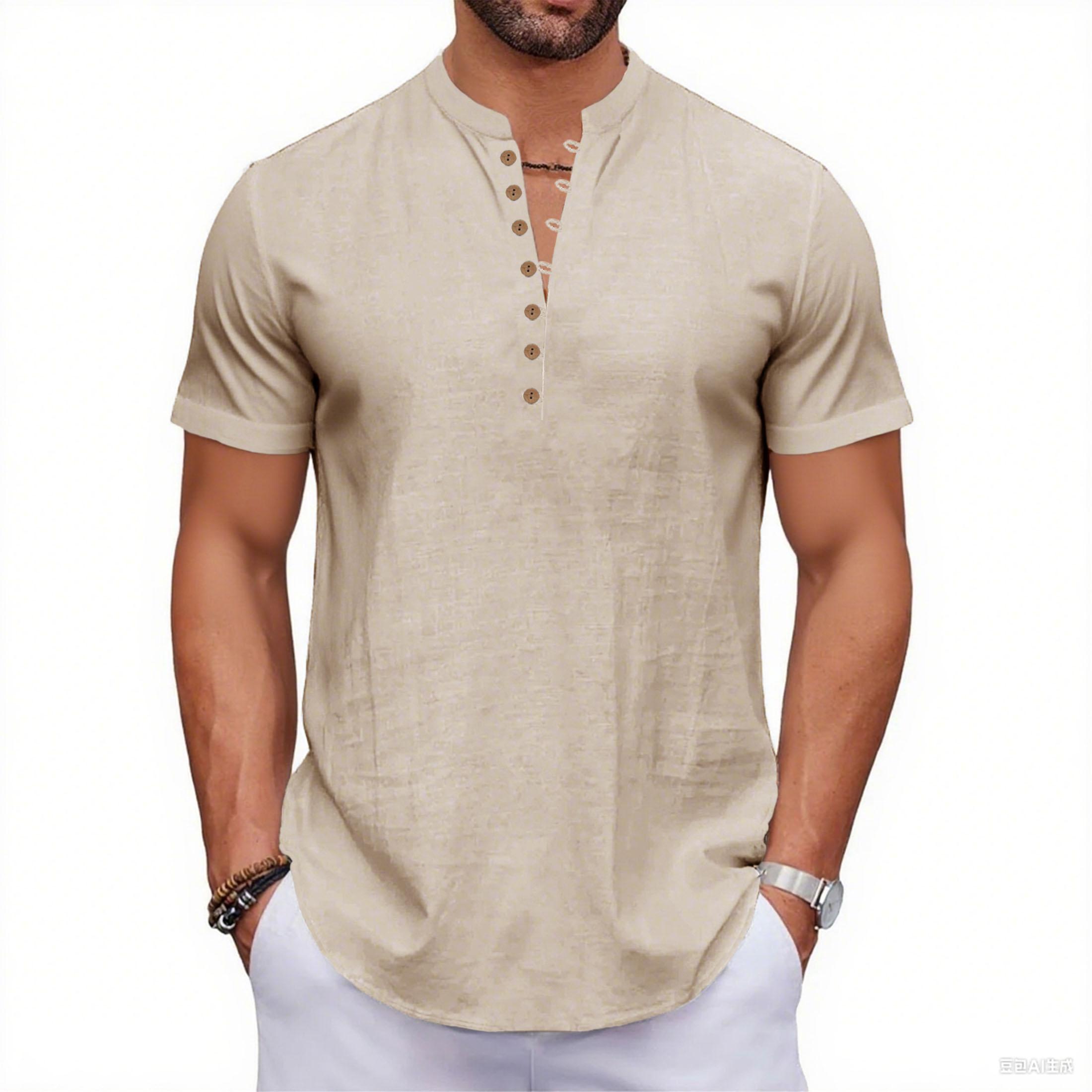 

Летняя Новая Мужская Хлопково-Льняная Футболка с Коротким Рукавом Дышащая Легкая Однотонная Мужская Модная Футболка Хенли с Пуговицами XL бежевый