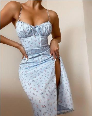 Spring New Women's Clothing, European and American Dresses, Sexy Fashion Printed Lace-up Split Suspender Skirts