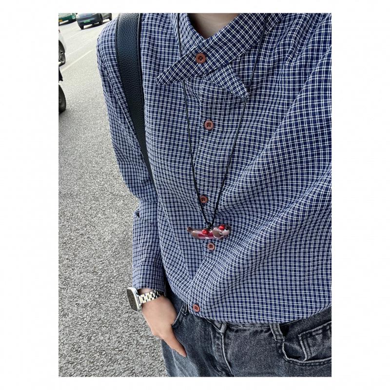 Manjiangyue Women s Blue Plaid Long-Sleeve Loose Korean Style Lapel Shirt S темно-синий