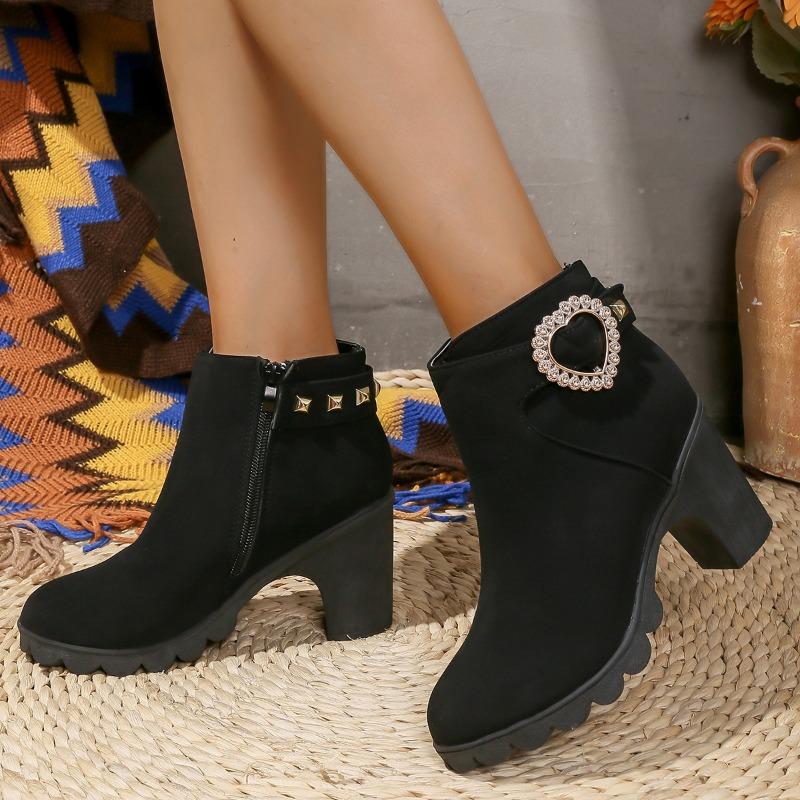 Large Size Leather Boots High Heel Short Boots Children's Heel Round Head Side Zipper Martin Boots