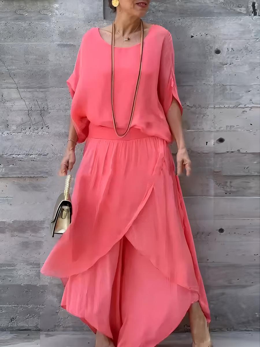 Europe, America 2026 summer new station loose comfortable top split wide leg pants chiffon casual suit S