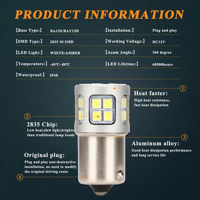 2PCS P21W 1156 BA15S 1157 BAY15D 3030chip 30SMD LED Bulbs Turn Signal Light 12V White Car Reverse Backup Parking Brake Lamp DRL
