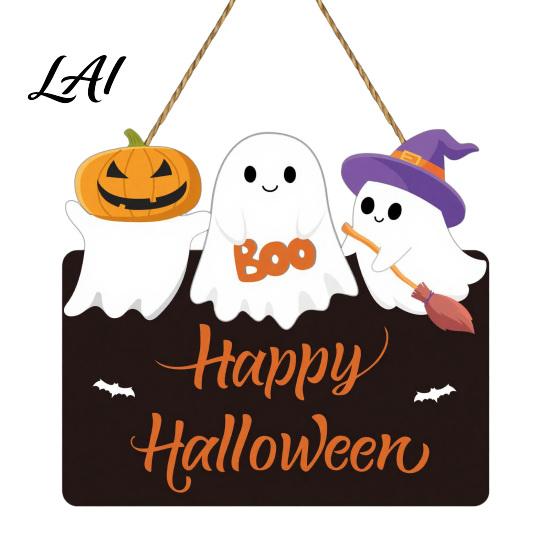 Black Orange Party Props Halloween Ghost Door Sign Cute Ghosts Wooden Hanging Wreath Rustic Happy Witch Broom Bat Sign Welcome for Home Wall