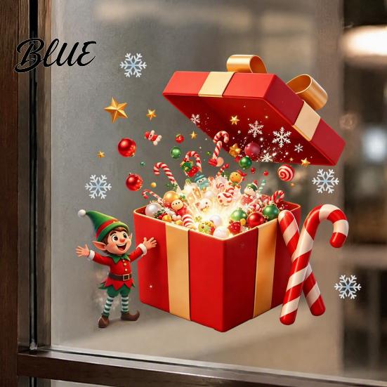 Waterproof Window Film Christmas Elf Gift Box Static Clings Reusable Stickers Holiday Ideas Candy Cane Snowflake Glass Stickers for Home Shop Decor