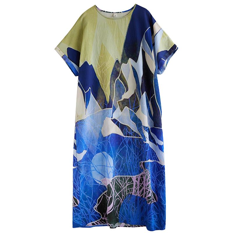 Dimanaf 2025 Summer Women Plus Size Dress Basic Casual Dress Loose Vintage Printing Long Beach Short Sleeve Dress