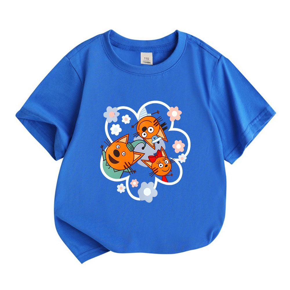 Kids Boys Girls 100% Cotton Short Sleeve Crew Neck T-Shirt, Cute Orange Cartoon Kitten Family Pattern Casual Soft Breathable Tees for Toddler Children