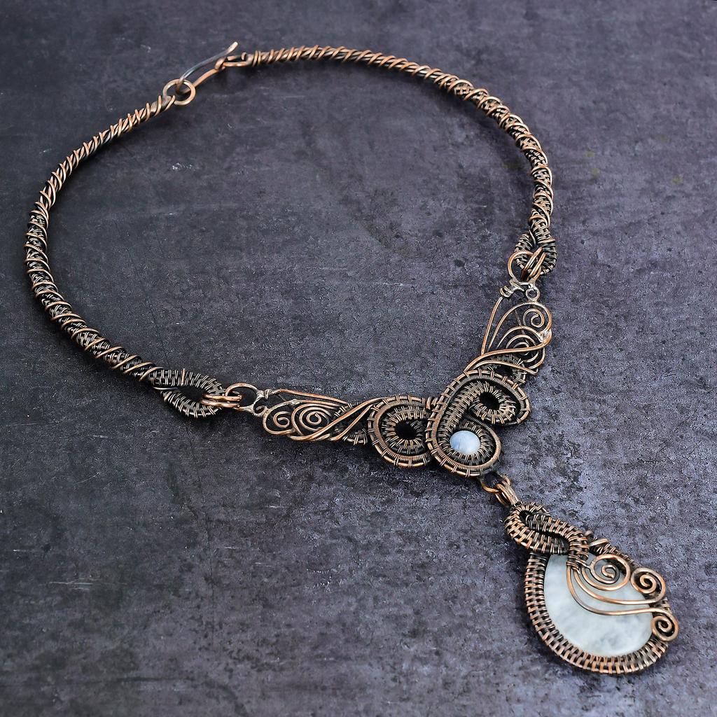 Natural Moonstone, Larimar Gemstone Copper Wire Wrap Jewelry Necklace 18" F6w98