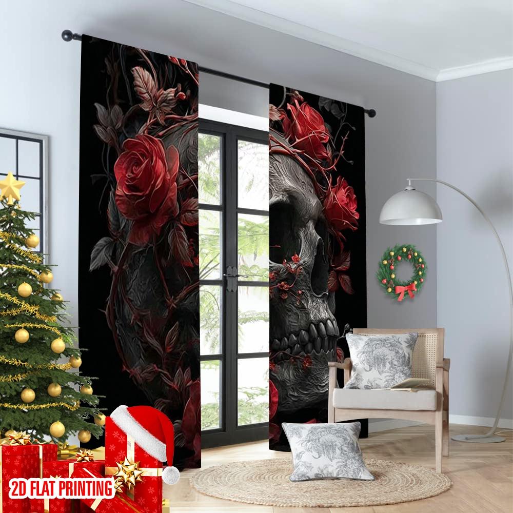 2pcs 2D flat printing Merry Christmas Curtains Skeleton Rose Art Digital Printed Polyester Drapes Festive Holiday for Bedroom