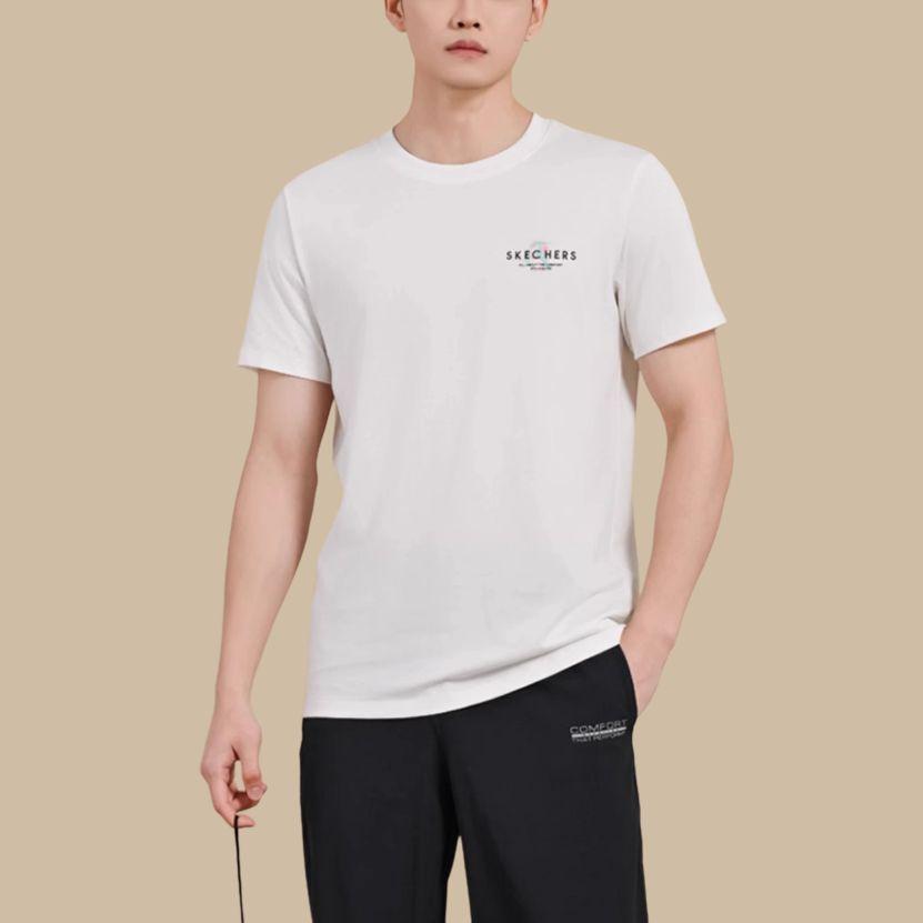 Skechers Fashionable Versatile Printed Round Neck Short Sleeve T-Shirt Unisex Tops Cotton-Candy-White L224U181-0074