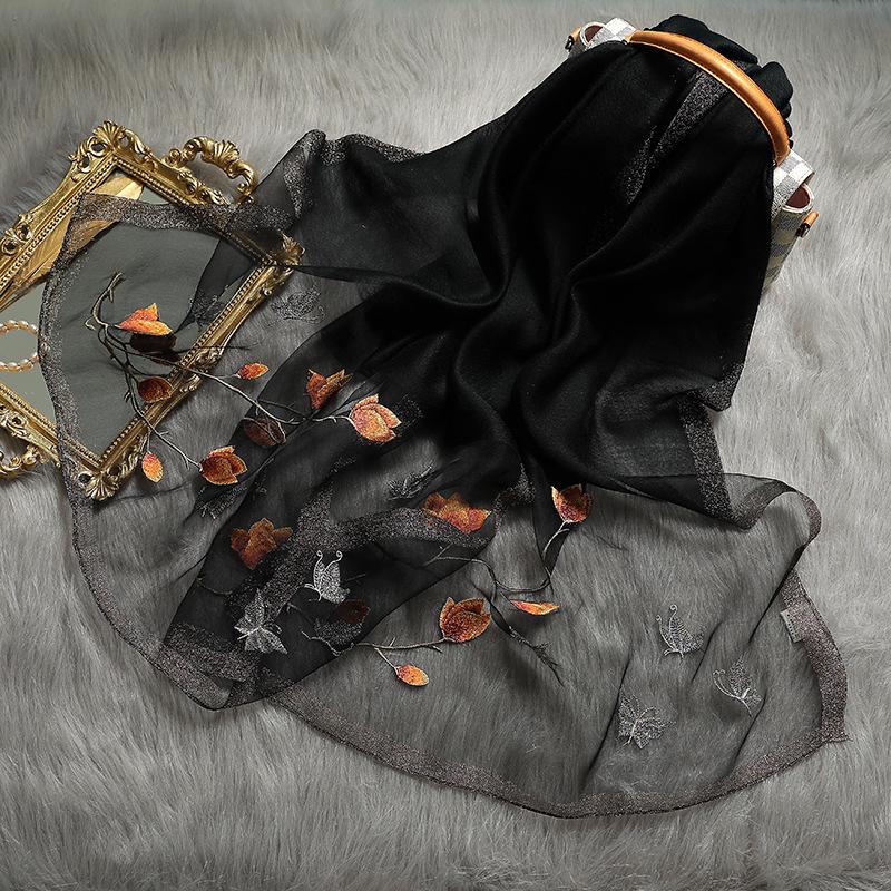 Floral Embroidery Real Silk Wool Scarf For Women Winter Scarves Shawls Hijab Wraps Pashmina Bandana Foulard