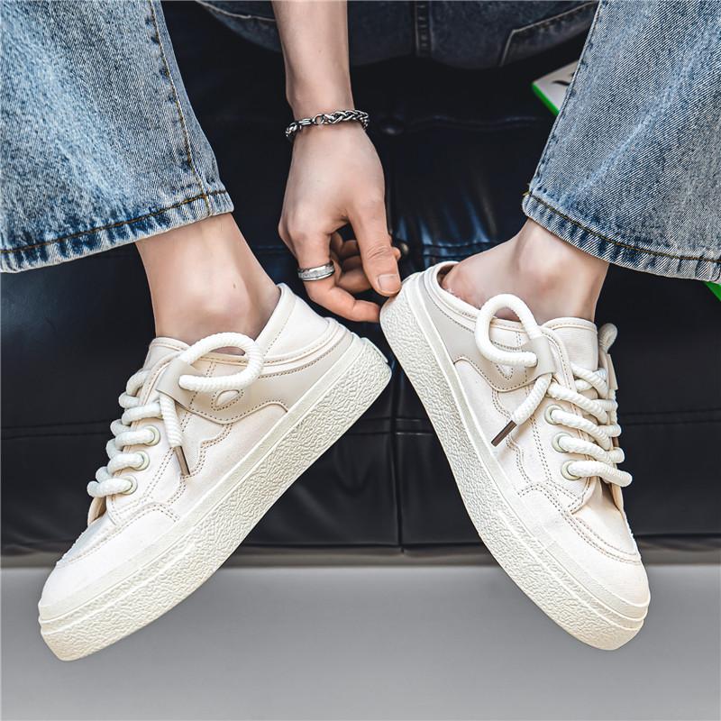Men's Canvas Shoes New Autumn Low Cut Height Increasing Thick Soled White Shoes Soft Soled Lace Up Casual Shoes Students Black
