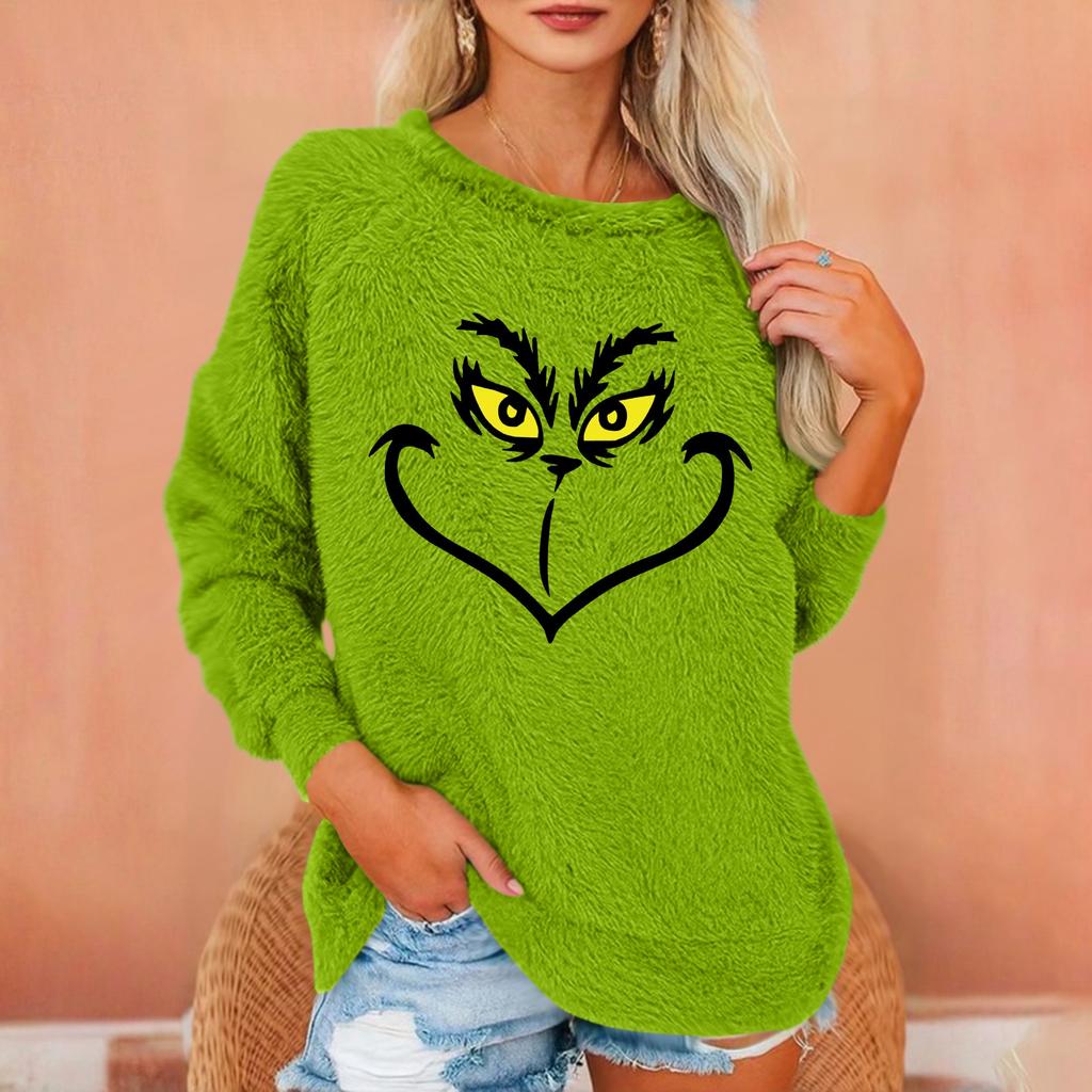 Damen Modischer Rundhals Langarm Weihnachts-Print Lockerer Plüsch Warmer Pullover