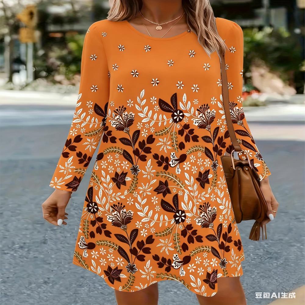 3D Retro Floral Dress, Women's Long-sleeved Round-neck Casual Mini Skirt