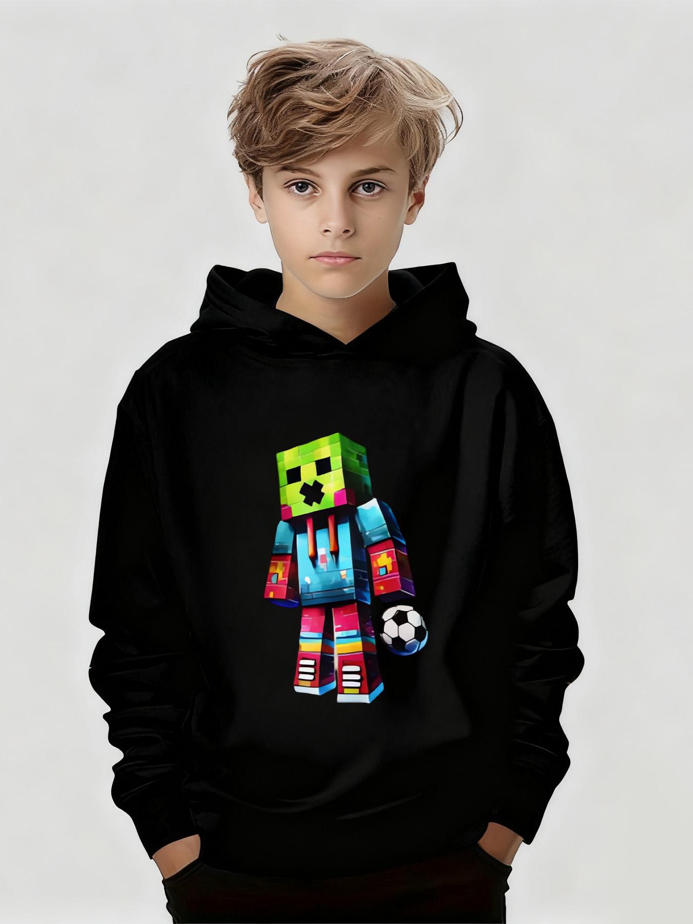 Pixel-Style Colorful Square Character Print With Football Elements, Cool Children s Black Hooded Sweatshirt 100